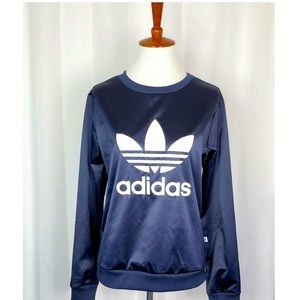 Adidas Originals Womens Trefoil Silky Satin Sweatshirt Navy Blue & White XS